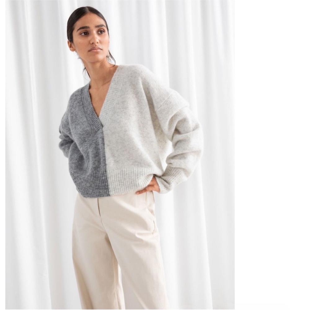 & Other Stories Alpaca Stockholm Atelier Vneck Sweater Grey Cream XS Cropped